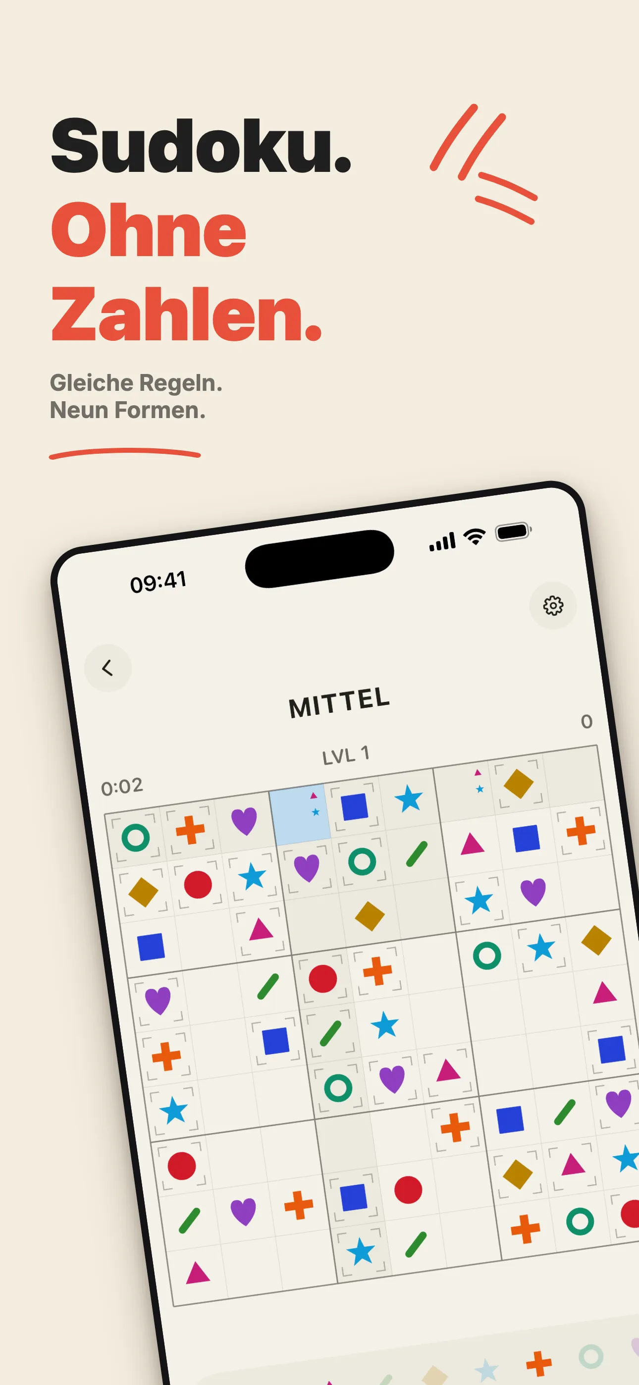 Ein form9-Rätsel in Bearbeitung — ein 9×9-Gitter, gefüllt mit Formen statt Zahlen.