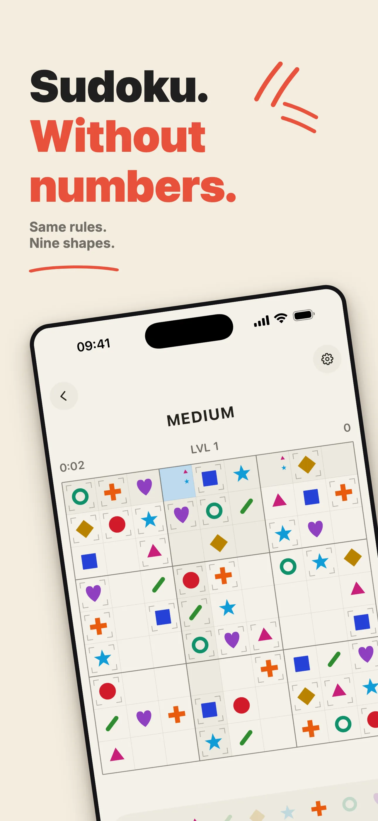 A form9 puzzle in progress — a 9×9 grid filled with shapes instead of numbers.
