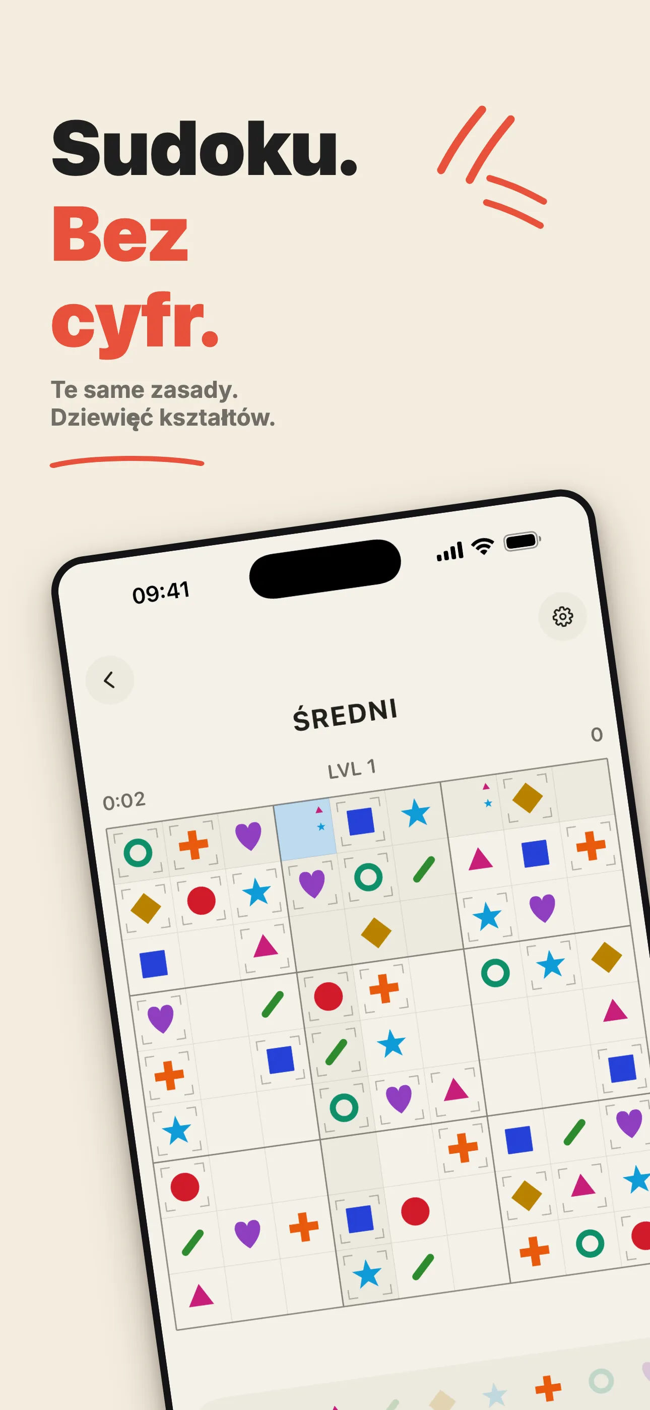 Łamigłówka form9 w trakcie rozwiązywania — plansza 9×9 wypełniona kształtami zamiast cyframi.