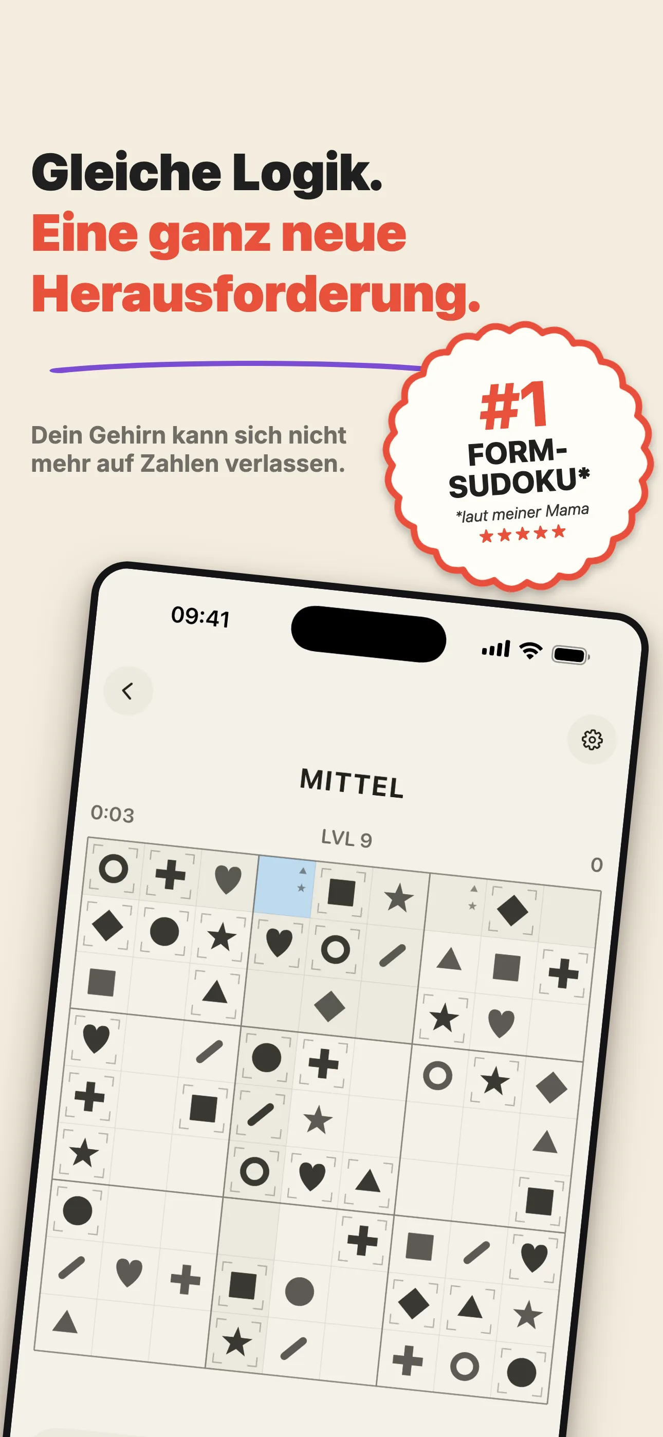 Ein mittleres form9-Brett mitten im Lösen — zahlenfreies Sudoku mit neun Formen.
