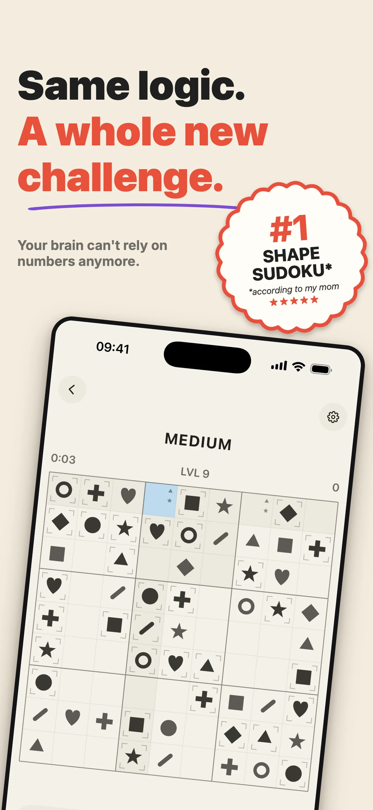 A medium form9 board mid-solve — number-free sudoku played with nine shapes.