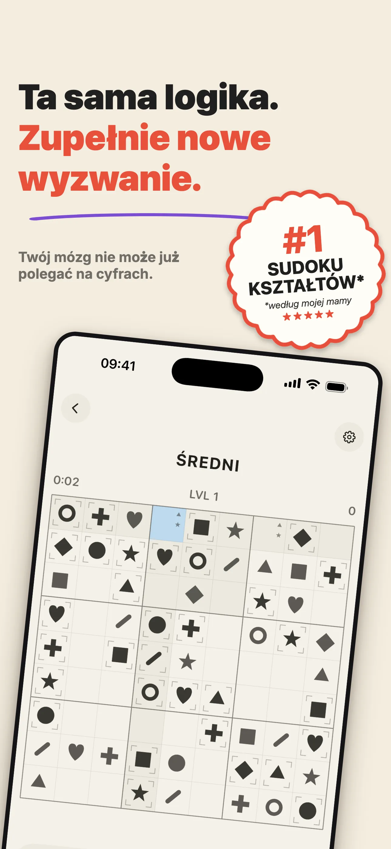 Średnia plansza form9 w trakcie rozwiązywania — sudoku bez cyfr z dziewięcioma kształtami.