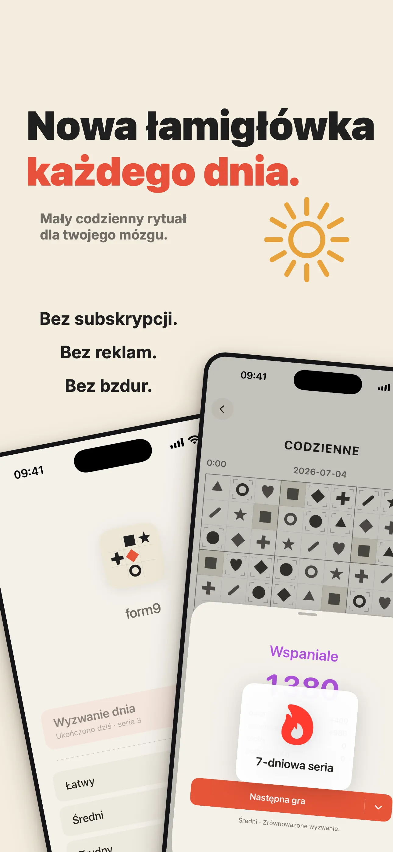 Ekran codziennego wyzwania form9 z serią i pięcioma poziomami trudności.