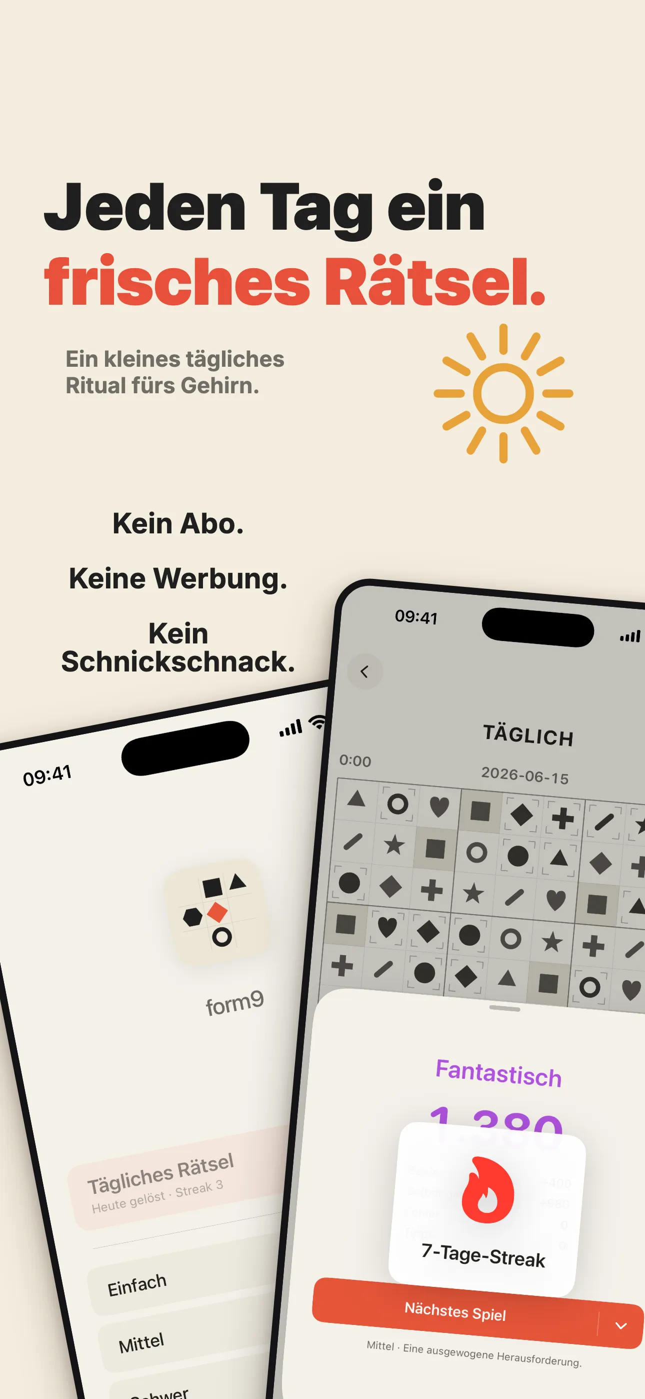 Der form9-Screen für das tägliche Rätsel mit Serie und fünf Schwierigkeitsgraden.