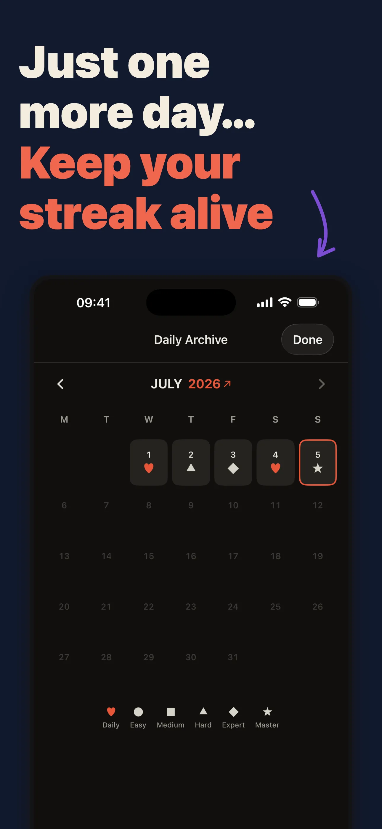 The form9 daily archive calendar — replay any past day to keep a streak alive.