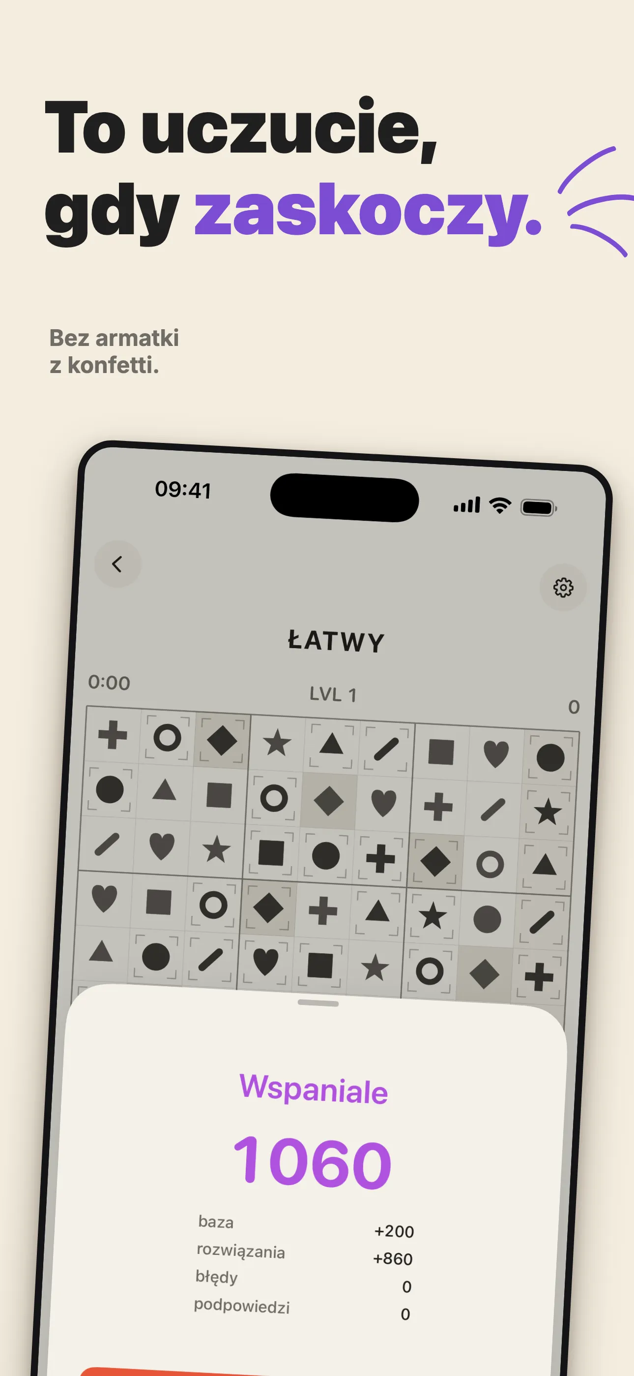 Ukończenie łatwej łamigłówki form9 — podsumowanie wyniku.