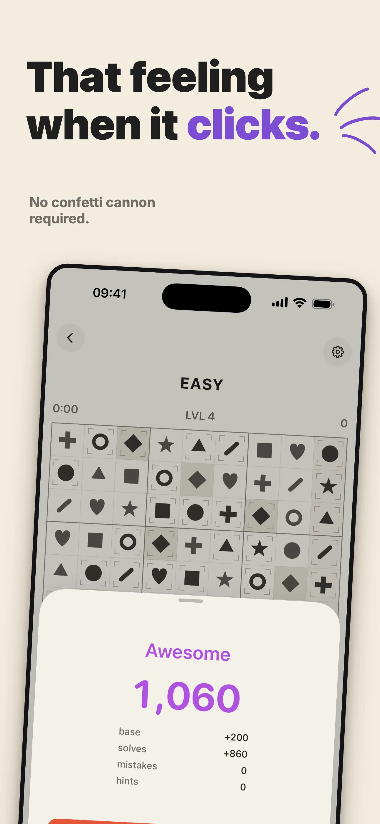 Finishing an Easy form9 puzzle — the score breakdown sheet.