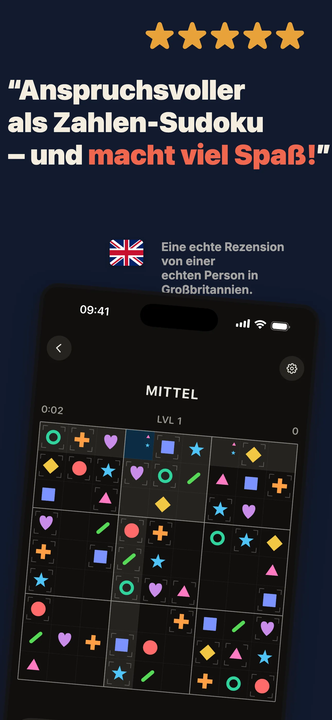 Ein form9-Brett im Dark Mode — dieselbe Logik, ein kniffligeres Gitter.