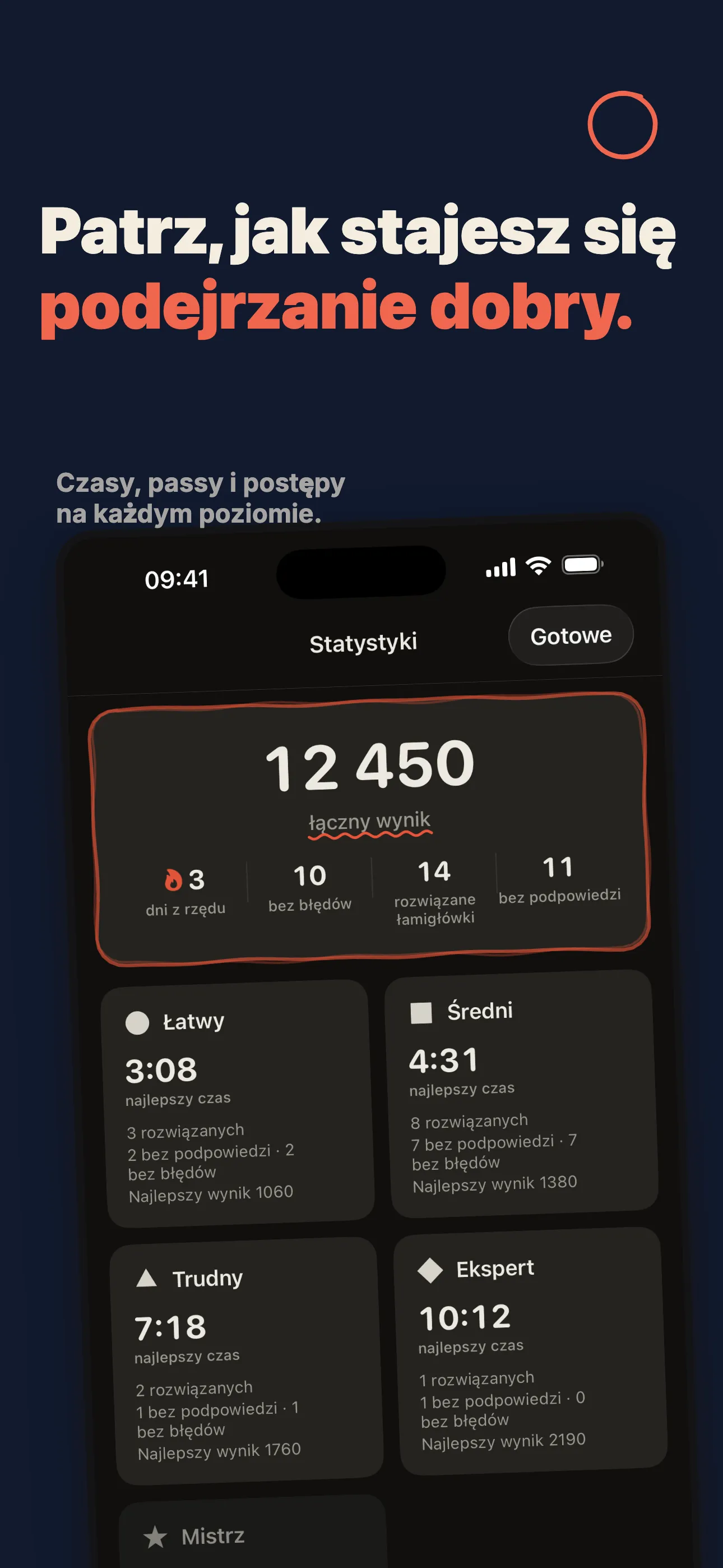 Statystyki form9 — łączny wynik, dni z rzędu i najlepsze czasy dla każdego poziomu trudności.