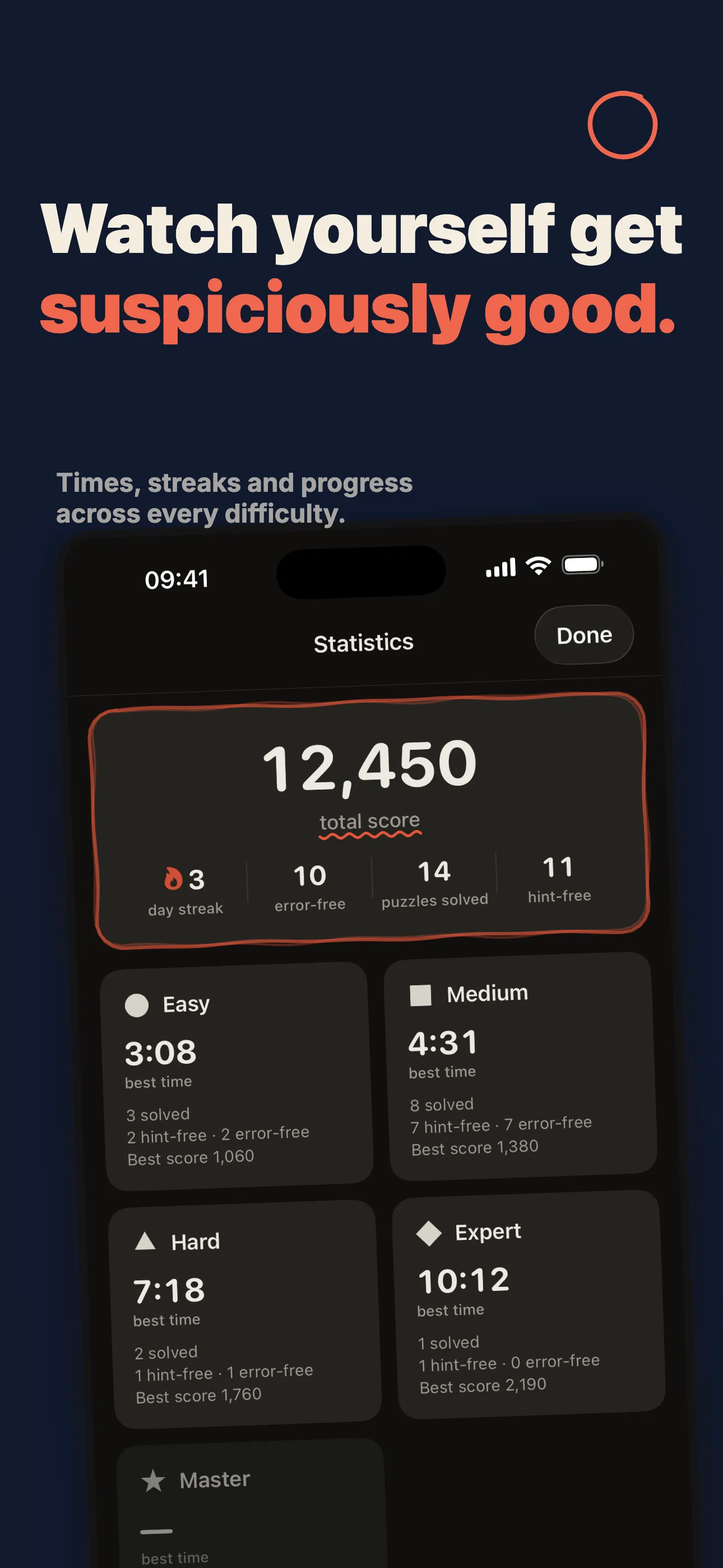 form9 statistics — total score, day streak and best times per difficulty.
