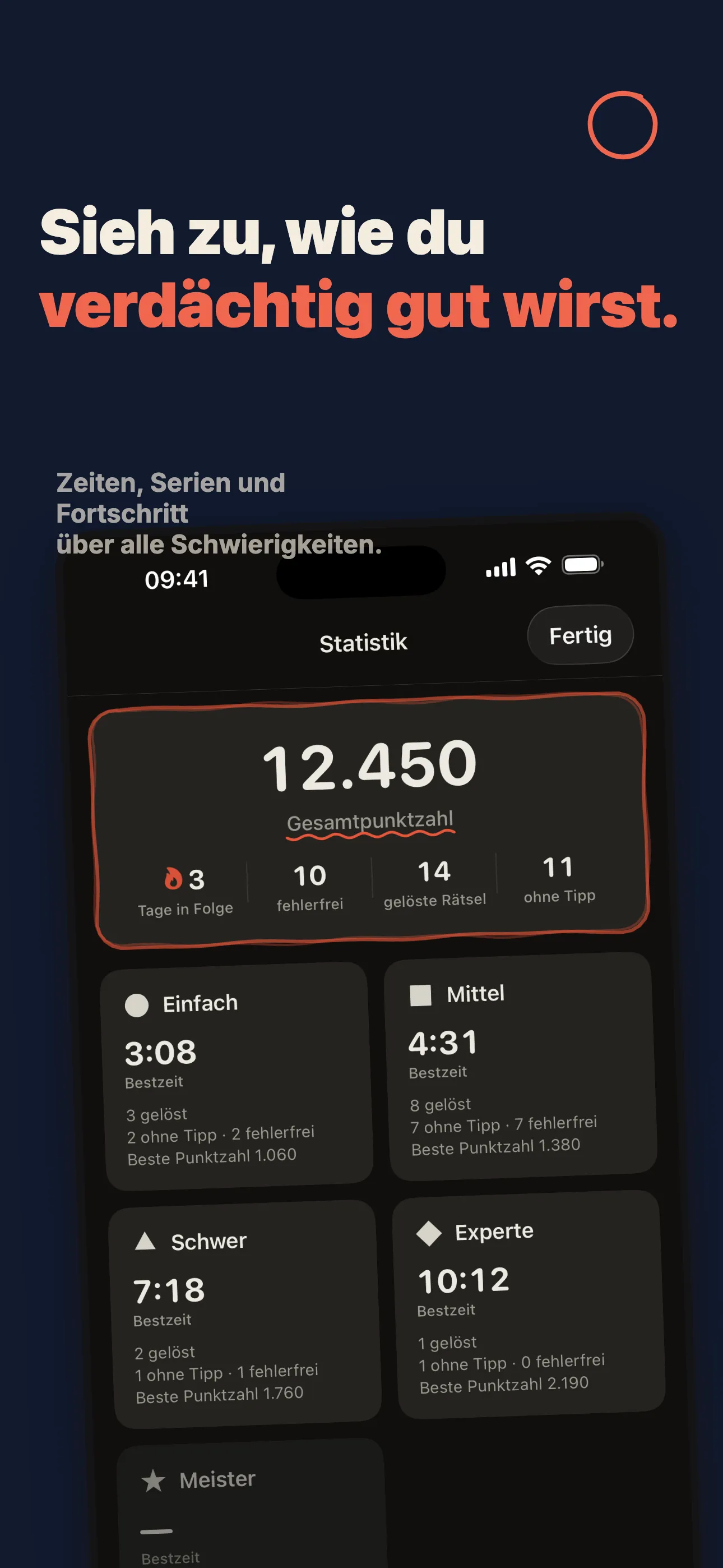 form9-Statistik — Gesamtpunktzahl, Tage in Folge und Bestzeiten je Schwierigkeitsgrad.