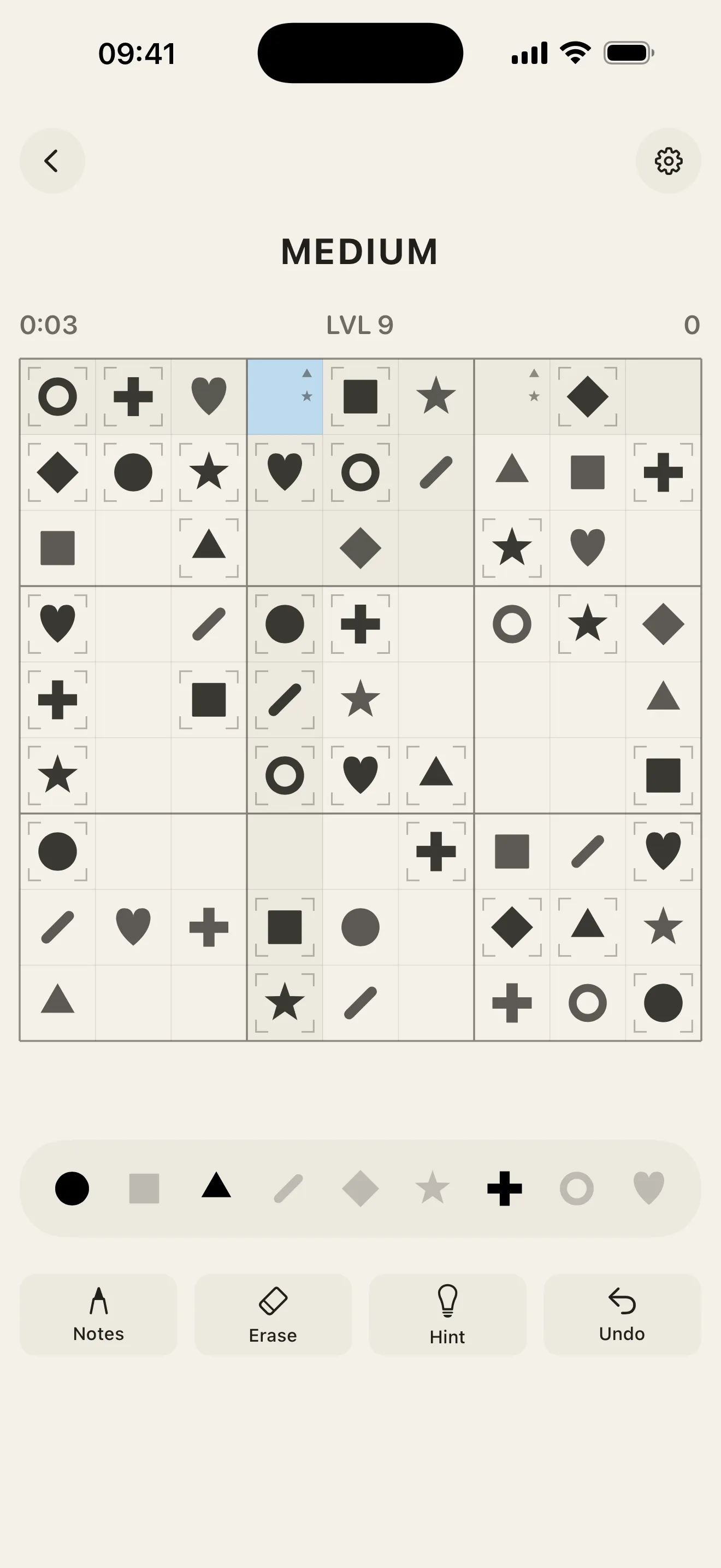 A form9 puzzle in progress on iPhone — a 9×9 grid filled with nine shapes instead of numbers.